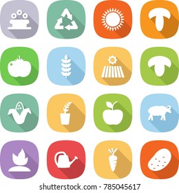 flat vector icon set - flower bed vector, recycle, gas oven, mushroom, tomato, spike, field, corn, seedling, apple, sheep, sprouting, watering can, carrot, potato
