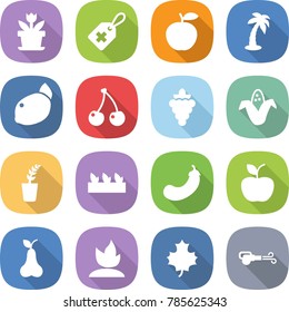 flat vector icon set - flower vector, medical label, apple, palm, lemon, cherry, grape, corn, seedling, eggplant, pear, sprouting, maple leaf, blower