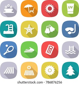 flat vector icon set - flower bed vector, lounger, sun, uv cream, pool, starfish, flippers, diving mask, tennis, jet ski, inflatable mattress, field, spruce