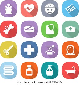 flat vector icon set - flower vector, heart pulse, bandaged head, crutch, broken bone, pill, hand, medical hat, surgical clamp, cross, sun potection, mirror, towel, pills bottle, liquid soap, bath