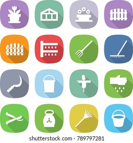 flat vector icon set - flower vector, greenhouse, bed, fence, watering, fork, rake, sickle, bucket, scarecrow, sow, pruner, fertilizer