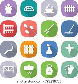 flat vector icon set - flower vector, greenhouse, bed, fence, watering, seeds, fork, rake, sickle, pear, scarecrow, farm, sow, fertilizer, gloves