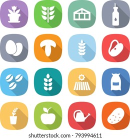 flat vector icon set - flower vector, spikelets, greenhouse, vegetable oil, eggs, mushroom, spike, beans, coffee seeds, field, flour, seedling, apple, watering can, potato