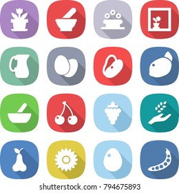 flat vector icon set - flower vector, mortar, bed, in window, jug, eggs, beans, lemon, cherry, grape, harvest, pear, egg, peas