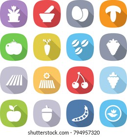 flat vector icon set - flower vector, mortar, eggs, mushroom, tomato, carrot, coffee seeds, berry, field, cherry, grape, apple, acorn, peas, ecology