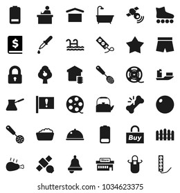 Flat vector icon set - foam basin vector, kettle, apron, skimmer, turk coffee, dish, chicken leg, student, bell, annual report, fitball, shorts, roller Skates, attention, satellite, ship, dry cargo