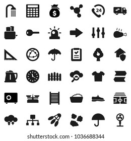 Flat vector icon set - foam basin vector, washboard, shower, garbage pile, kettle, toaster, chicken leg, corner ruler, molecule, money bag, calculator, safe, stadium, snickers, shuttlecock, phone 24