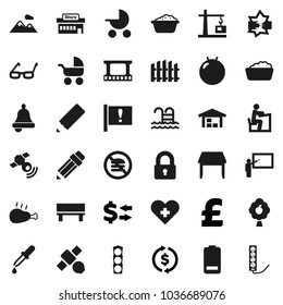 Flat vector icon set - foam basin vector, chicken leg, pencil, blackboard, glasses, student, bell, exchange, pound, fitball, pool, no fastfood, attention, satellite, traffic light, film frame, bench