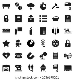 Flat vector icon set - foam basin vector, cleaning agent, washboard, measuring cup, mixer, bbq, copybook, blackboard, magnet, pie graph, japanese candle, auction, stopwatch, breads, office, no hook