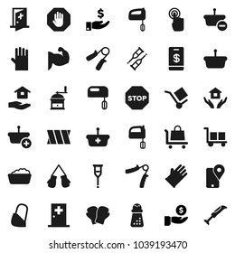 Flat vector icon set - foam basin vector, rubber glove, house hold, hand mill, mixer, investment, trainer, muscule, boxing, traking, cargo, touchscreen, crutches, bandage, medical room, stop, basket