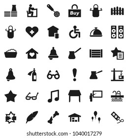 Flat vector icon set - foam basin vector, apron, skimmer, turk coffee, dish, pen, blackboard, glasses, student, bell, music, pool, attention, wood box, disabled, heart cross, broken bone, potion