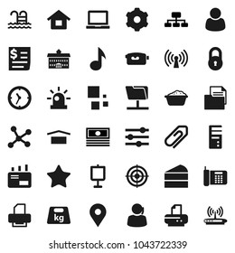 Flat vector icon set - foam basin vector, cake, university, notebook pc, presentation, music, cash, hierarchy, target, pool, map pin, support, clock, receipt, document, dry cargo, weight, favorites