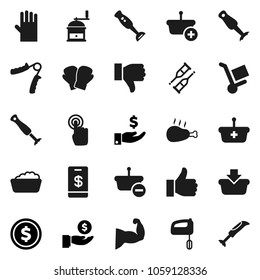 Flat vector icon set - foam basin vector, rubber glove, hand mill, blender, chicken leg, dollar coin, investment, trainer, muscule, boxing, touchscreen, finger up, down, crutches, basket, trolley