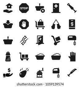Flat vector icon set - foam basin vector, rubber glove, house hold, hand mill, mixer, chicken leg, investment, boxing, cargo, crutches, medical room, stop, basket, trolley, tap pay, blender