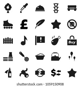 Flat vector icon set - foam basin vector, kettle, skimmer, dish, chicken leg, pen, music, exchange, pound, roller Skates, no fastfood, attention, satellite, traffic light, dropper, potion, sperm