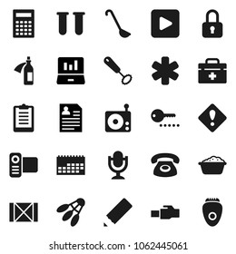 Flat vector icon set - foam basin vector, whisk, ladle, pencil, calculator, laptop graph, personal information, clipboard, shuttlecock, calendar, wood box, radio, video camera, microphone, vial