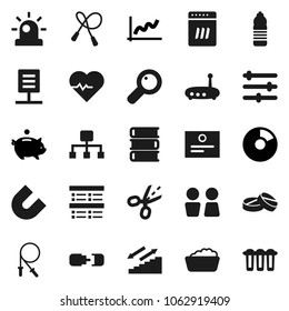 Flat vector icon set - foam basin vector, water closet, book, certificate, magnet, exam, graph, pie, piggy bank, heart pulse, jump rope, bottle, stairways run, magnifier, pills, equalizer, router