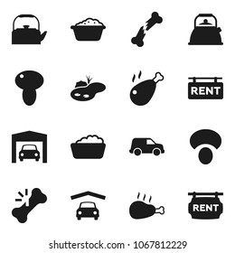 Flat vector icon set - foam basin vector, kettle, mushroom, chicken leg, car, broken bone, pond, garage, rent signboard