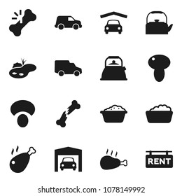 Flat vector icon set - foam basin vector, kettle, mushroom, chicken leg, car, broken bone, pond, garage, rent signboard