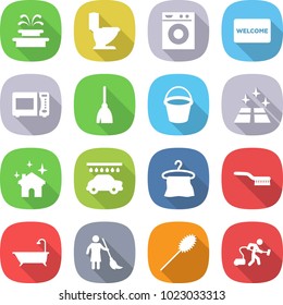 Flat Vector Icon Set - Fountain Vector, Toilet, Washing Machine, Welcome Mat, Microwave Oven, Broom, Bucket, Clean Floor, House Cleaning, Car Wash, Hanger, Brush, Bath, Brooming, Duster