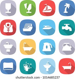 flat vector icon set - fragile vector, broken, sail boat, palm, life vest, cruise ship, yacht, water tap, sink, bath, kettle, sponge, wiping