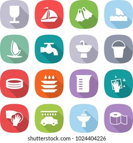 flat vector icon set - fragile vector, sail boat, flippers, shark flipper, windsurfing, water tap, sink, bucket, inflatable pool, plate washing, measuring cup, wiping, car wash, toilet paper