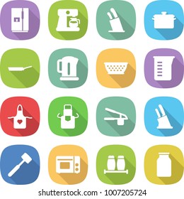 flat vector icon set - fridge vector, coffee maker, stands for knives, pan, kettle, colander, measuring cup, apron, garlic clasp, knife holder, meat hammer, grill oven, salt pepper, bank
