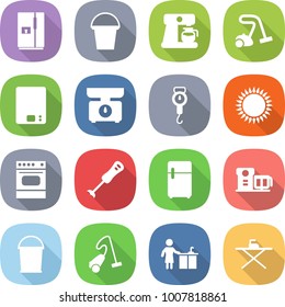 flat vector icon set - fridge vector, bucket, coffee maker, vacuum cleaner, kitchen scales, handle, gas oven, blender, food processor, cleaning, iron board