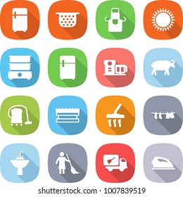 flat vector icon set - fridge vector, colander, apron, gas oven, double boiler, food processor, sheep, vacuum cleaner, sponge, drying clothes, water tap sink, brooming, home call cleaning, iron