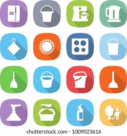 flat vector icon set - fridge vector, bucket, coffee maker, kettle, rag, gas oven, hob, broom, foam, plunger, washing powder, toilet cleanser, garden cleaning