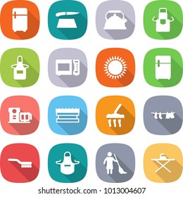 flat vector icon set - fridge vector, cutting board, kettle, apron, microwave oven, gas, food processor, sponge, vacuum cleaner, drying clothes, brush, brooming, iron