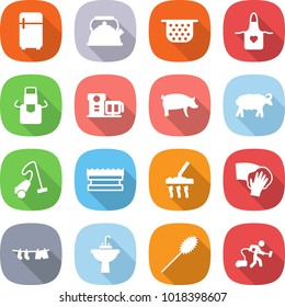 flat vector icon set - fridge vector, kettle, colander, apron, food processor, pig, sheep, vacuum cleaner, sponge, wiping, drying clothes, water tap sink, duster