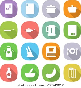 flat vector icon set - fridge vector, cutting board, pan, kettle, kitchen scales, apron, knife holder, cooking book, fork spoon plate, ketchup, mortar, eggplant, paper towel