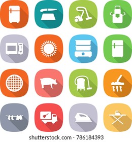 flat vector icon set - fridge vector, cutting board, vacuum cleaner, apron, microwave oven, gas, double boiler, sieve, pig, drying clothes, home call cleaning, iron