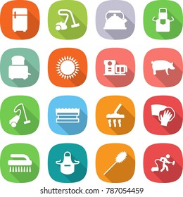 flat vector icon set - fridge vector, vacuum cleaner, kettle, apron, toaster, gas oven, food processor, pig, sponge, wiping, brush, duster