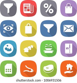 flat vector icon set - funnel vector, newspaper, percent, shopping bag, eye identity, mail, pregnancy, houses, fountain, fridge, sim card, walnut crack, steake, housing