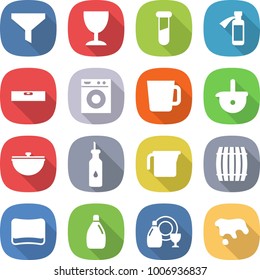 flat vector icon set - funnel vector, wineglass, test vial, potion bottle, level, washing machine, cup, ladle, cauldron, vegetable oil, measuring, barrel, sponge, cleanser, dish, spot