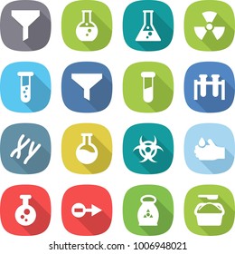flat vector icon set - funnel vector, round flask, nuclear, vial, test, chromosomes, biohazard, acid, chemical, electron, fertilizer, washing powder