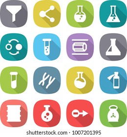 flat vector icon set - funnel vector, molecule, round flask, quantum bond, vial, nano tube, test, chromosomes, potion bottle, barrel, chemical, electron, fertilizer