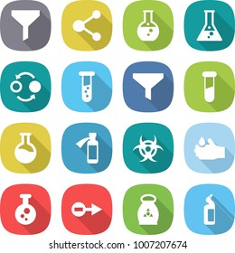 flat vector icon set - funnel vector, molecule, round flask, quantum bond, vial, test, potion bottle, biohazard, acid, chemical, electron, fertilizer, toilet cleanser