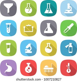 flat vector icon set - funnel vector, round flask, microscope, vial, electrostatic, pipette, test, potion bottle, stomach, chemical, lunar rover, thermometer