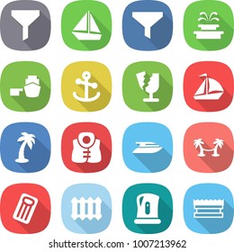 flat vector icon set - funnel vector, boat, fountain, port, anchor, broken, sail, palm, life vest, yacht, hammock, inflatable mattress, radiator, kettle, sponge