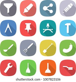 flat vector icon set - funnel vector, marker, share, pencil, drawing compasses, pin, pen, hammer, ladle, big fork, shovel, eggplant, wrench, broom, plunger, brush