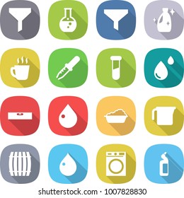 flat vector icon set - funnel vector, round flask, cleanser, hot drink, pipette, test vial, blood drop, level, washing, measuring cup, barrel, machine, toilet