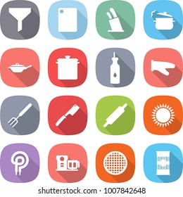 flat vector icon set - funnel vector, cutting board, stands for knives, steam pan, vegetable oil, cook glove, big fork, chef knife, rolling pin, gas oven, elecric, food processor, sieve, pasta