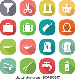 flat vector icon set - funnel vector, scissors, cargo top sign, basket, suitcase, mirror, pan, kettle, garlic clasp, fork, water tap, please clean