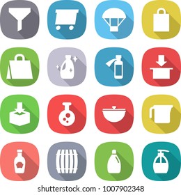 flat vector icon set - funnel vector, delivery, parachute, shopping bag, cleanser, potion bottle, package, chemical, cauldron, measuring cup, ketchup, barrel, liquid soap