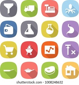 flat vector icon set - funnel vector, truck, cashbox, virus, wallet, flask, stomach, cart, bbq, analytics, no signal, pan, steake, house