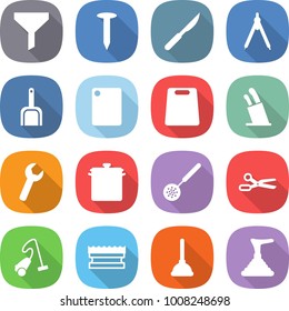 flat vector icon set - funnel vector, nail, scalpel, drawing compasses, scoop, cutting board, stands for knives, wrench, pan, skimmer, scissors, vacuum cleaner, sponge, plunger