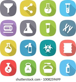 flat vector icon set - funnel vector, molecule, round flask, vial, nano tube, test, chromosomes, potion bottle, biohazard, barrel, chemical, fertilizer, washing powder, toilet cleanser